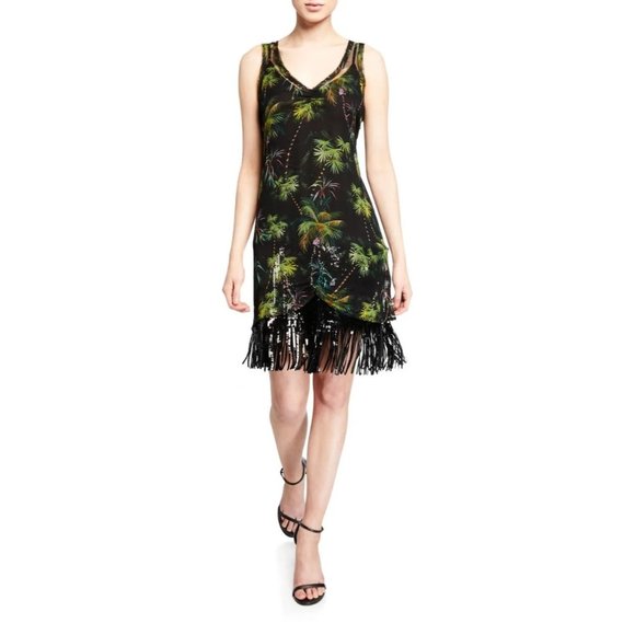 Le Superbe Frolic Room Palm Tree Print Sequin Fringe Dress Black Sleeveless Silk - Picture 1 of 6